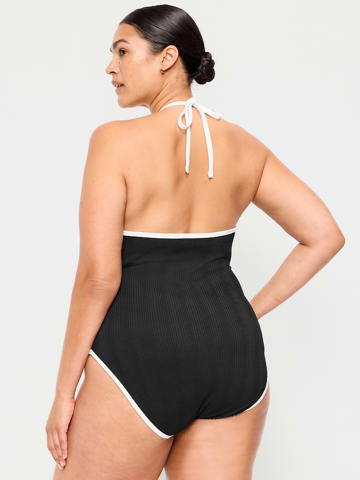 Image number 6 showing, Ribbed V-Neck Halter One-Piece Swimsuit