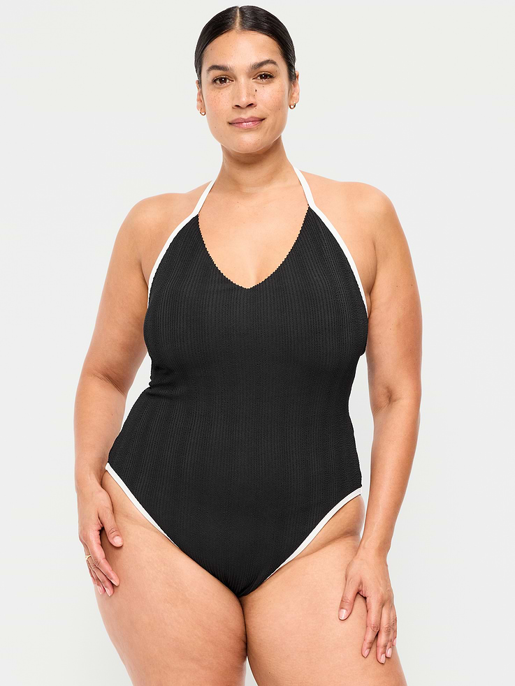 Image number 5 showing, Ribbed V-Neck Halter One-Piece Swimsuit