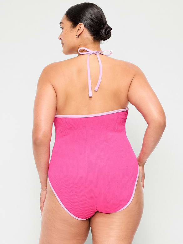 Ribbed V-Neck Halter One-Piece Swimsuit