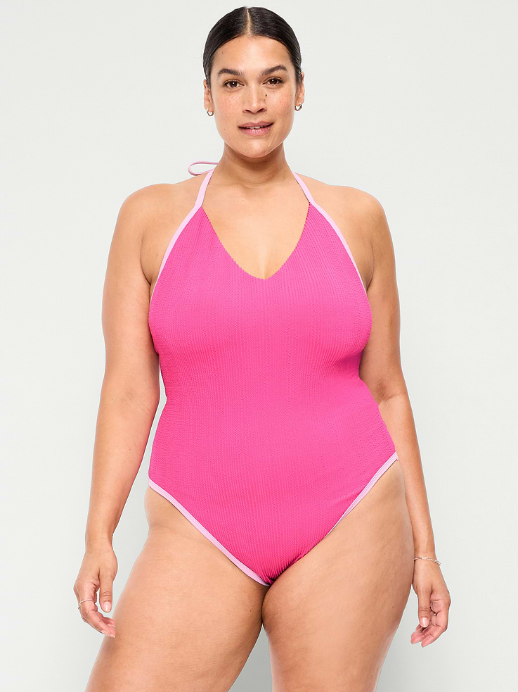 Image number 7 showing, Ribbed V-Neck Halter One-Piece Swimsuit