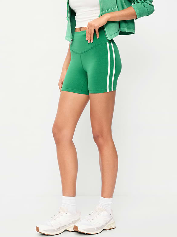 High-Waisted PowerChill Side-Stripe Biker Shorts -- 5-inch inseam