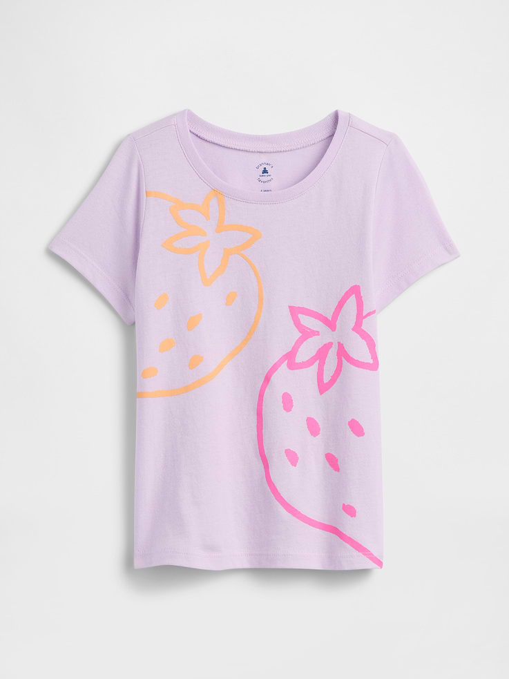 Image 1 of 3, Soft jersey knit., Short sleeves., Crewneck., Assorted graphics at front., This product was made in a factory that invests in gender equity and women’s empowerment through RISE. Learn more at gapinc.com/equity., Product #1171824