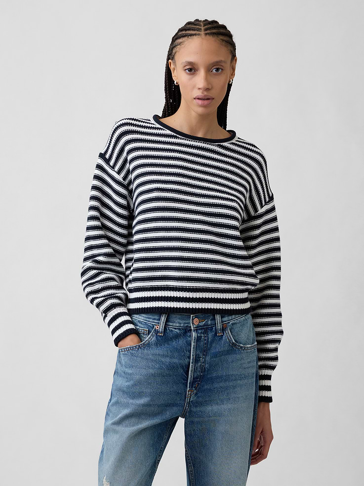 Image 1 of 5, Soft cotton knit., Dropped shoulder, long balloon sleeves with ribbed cuffs., Rollneck., Ribbed hem., Allover stripes., This product was made in a factory that invests in gender equity and women’s empowerment through RISE. Learn more at, Product #1173333