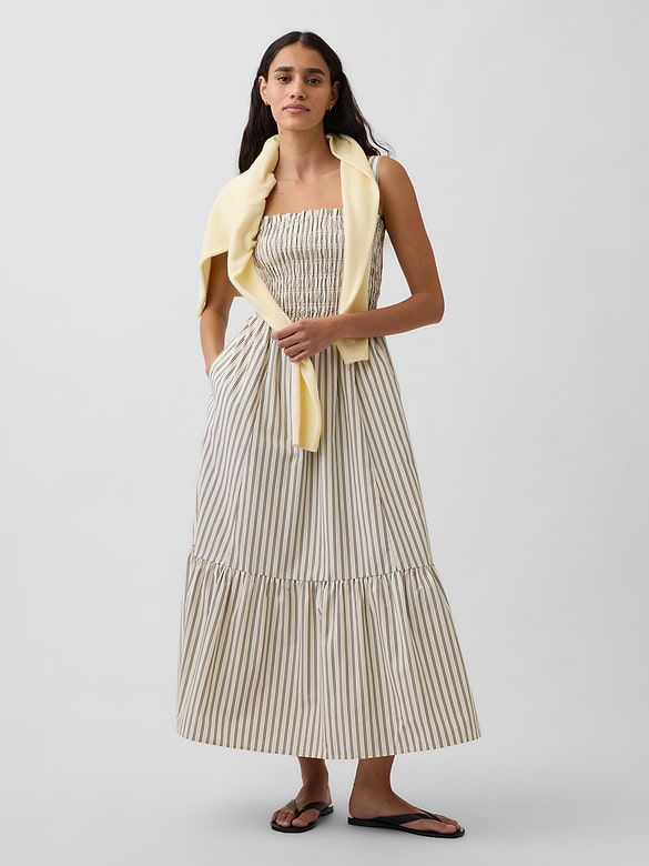 Poplin Smocked-Bodice Maxi Dress