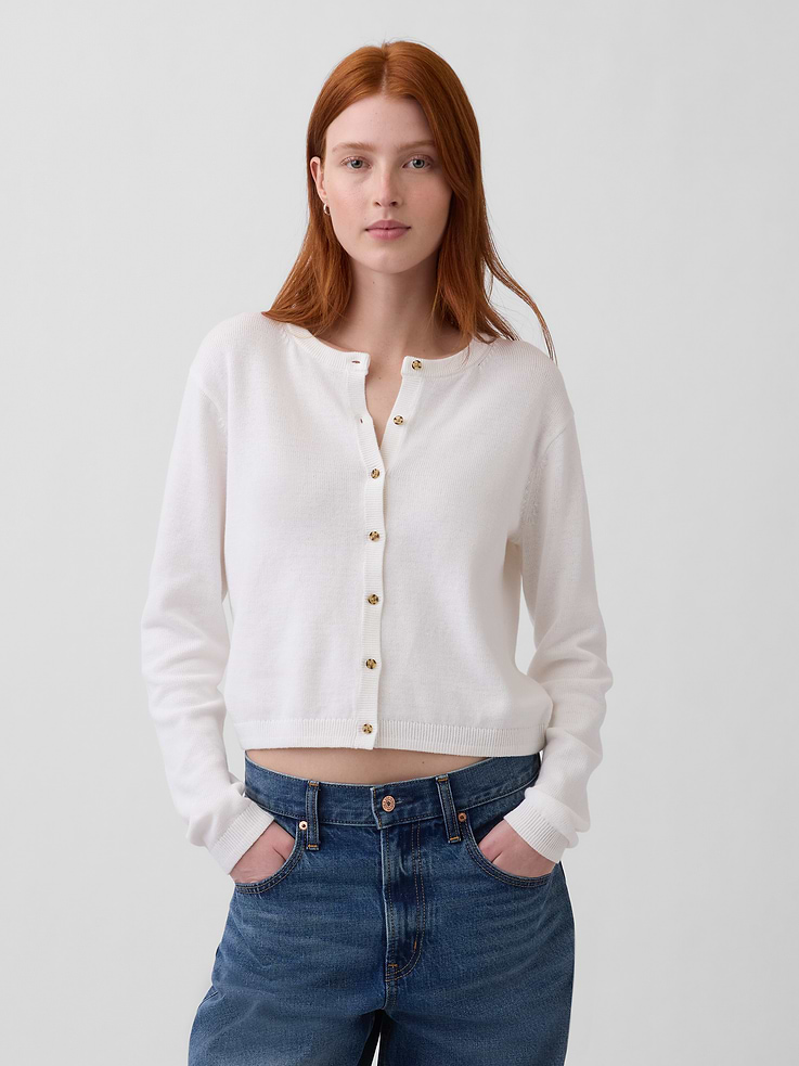 Image number 1 showing, 100% Cotton Relaxed Crop Cardigan Sweater