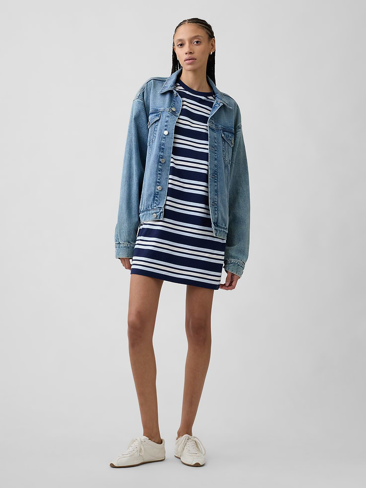 Image 1 of 6, Soft jersey knit., Dropped shoulder, short sleeves., Crewneck., Allover stripes., This product was made in a factory that invests in gender equity and women’s empowerment through RISE. Learn more at, Product #1172476