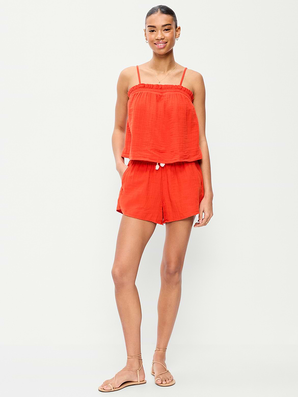 Short en gaze froissée à taille haute