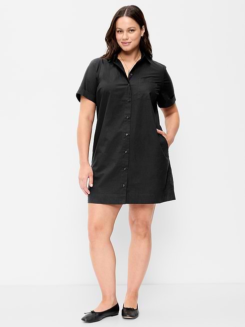 button down shirt dresses for women Collared Dress spread collar short sleeves full Button-Down Mini Shirt Dress |