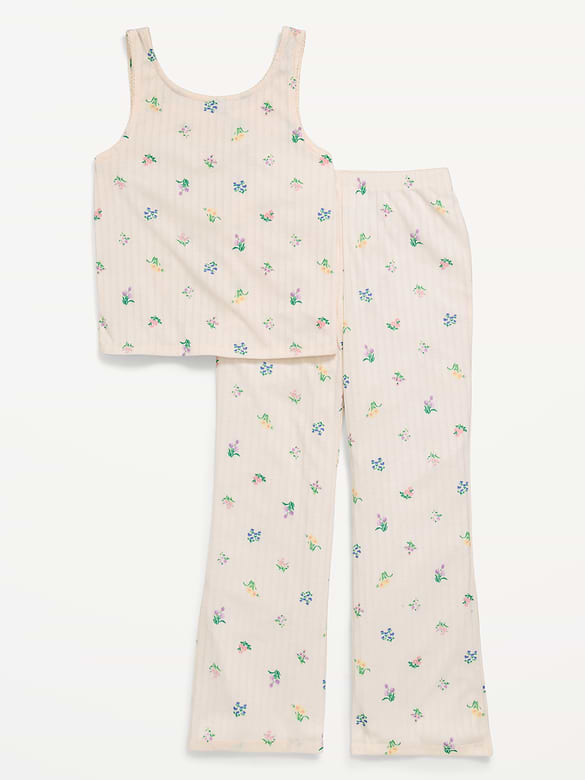 Printed Ribbed Pajama Tank Top and Flare Pants Set for Girls