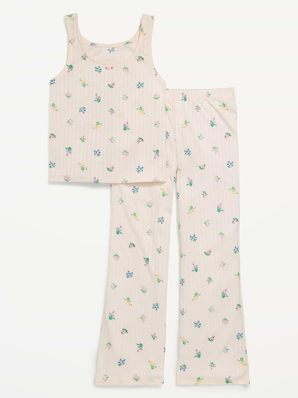 Printed Ribbed Pajama Tank Top and Flare Pants Set for Girls