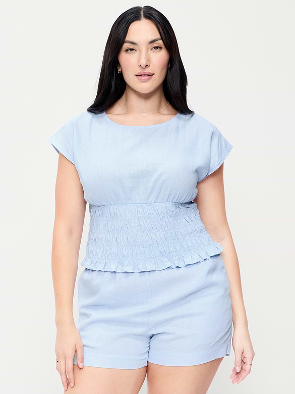 Linen-Blend Short-Sleeve Smocked Top