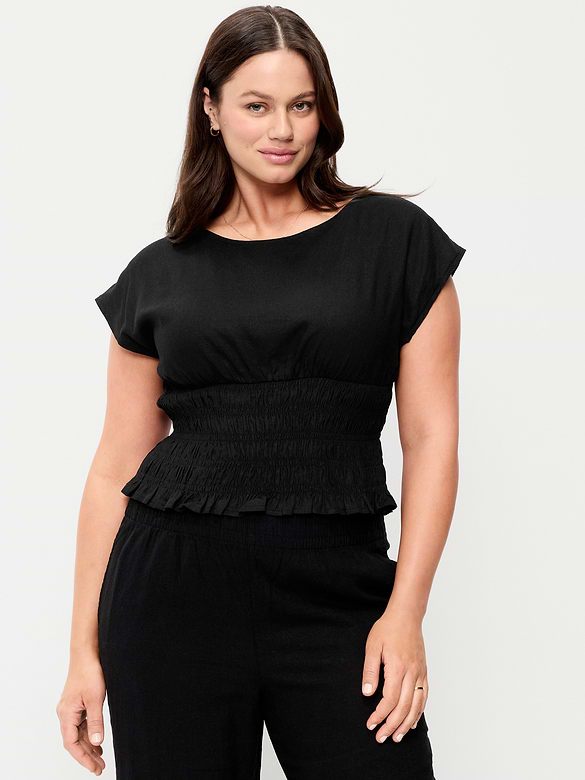 Linen-Blend Short-Sleeve Smocked Top