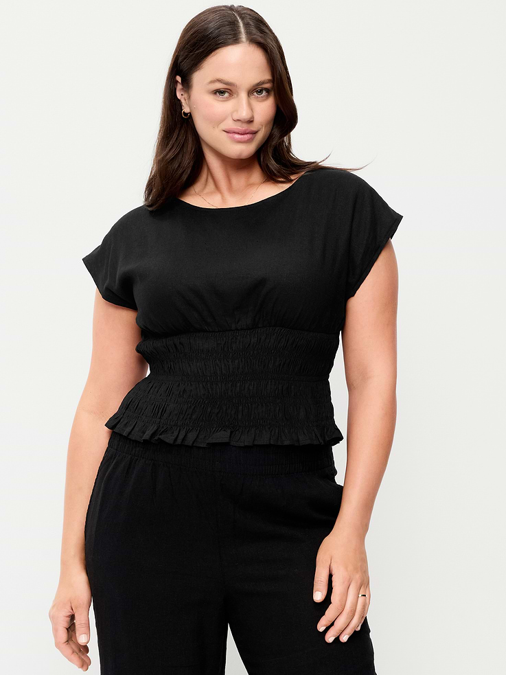 Image number 5 showing, Linen-Blend Short-Sleeve Smocked Top