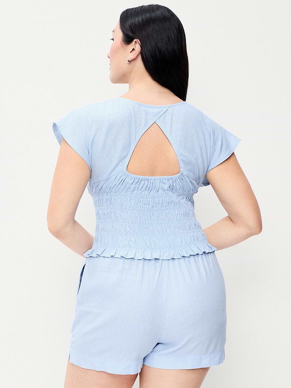 Linen-Blend Short-Sleeve Smocked Top