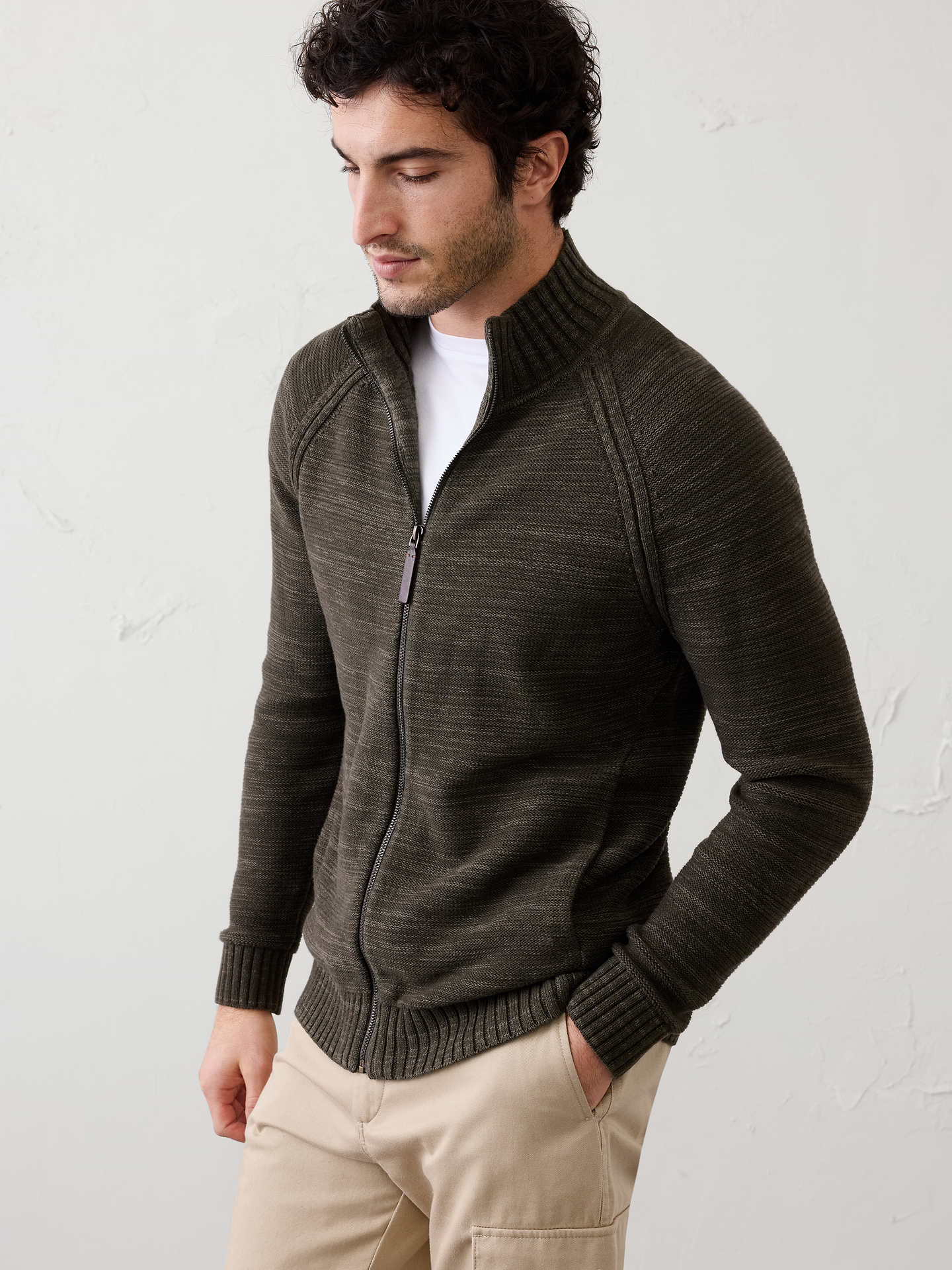 Image 1 of 4, Mock neck. Long sleeves., Full zipper front closure., On seam front pockets., Ribbed collar, arms cuffs and hem., Straight hem., Made exclusively for Banana Republic Factory., Product #854903