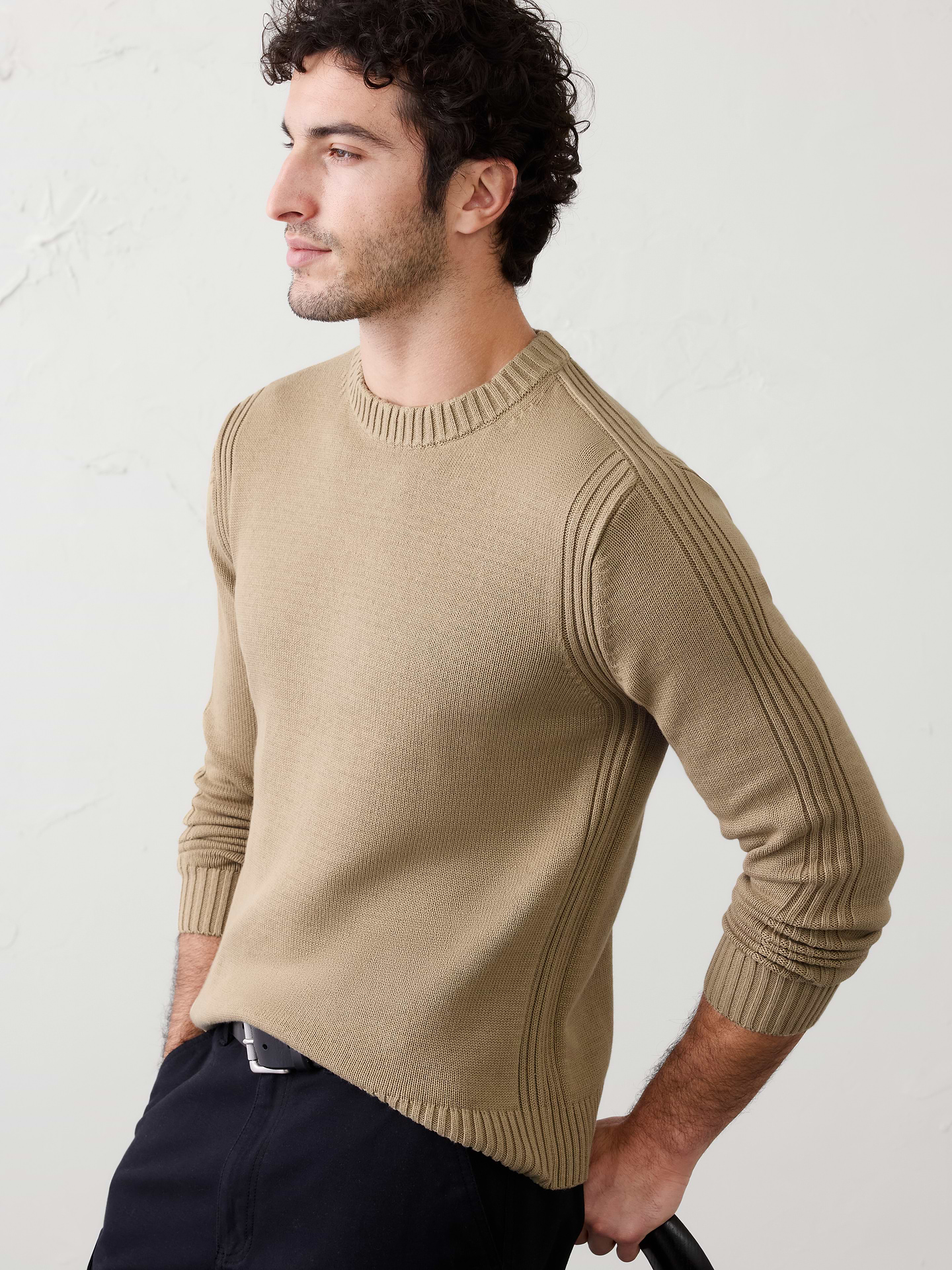 Banana Republic Factory Men's Plaited Crew-Neck Sweater (Biscuit)