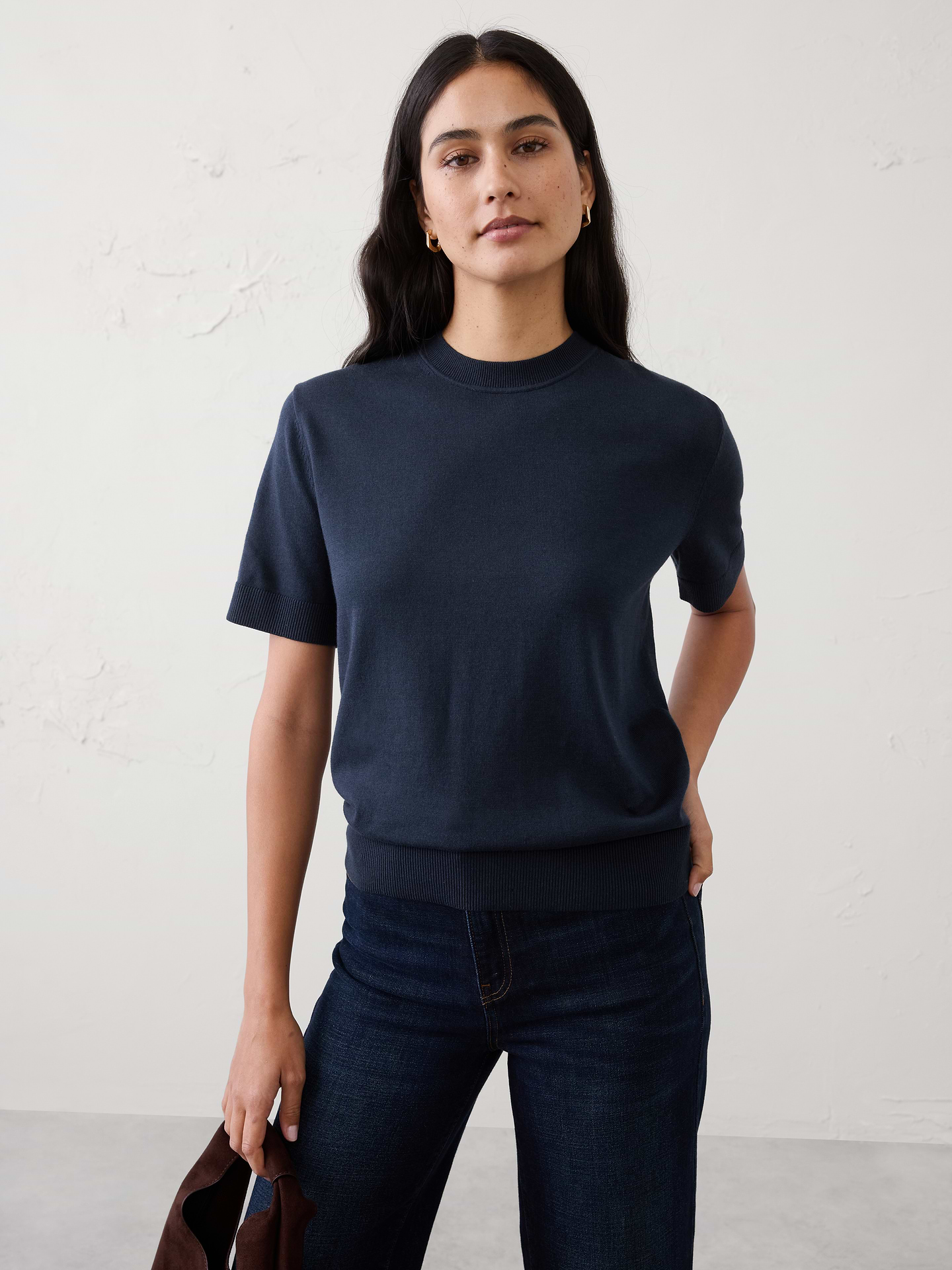 Image 1 of 8, Thoughtfully made with 40% Livaeco™ Viscose, produced from sustainable sourced renewable raw material and manufactured using closed-loop process that use up to 60% less water as compared to generic viscose., Lightweight fine gauge knit—perfect for layering or lounging., Crew neck. Short sleeves., Ribbed neck, arm cuffs and hem., Made exclusively for Banana Republic Factory., Product #872836