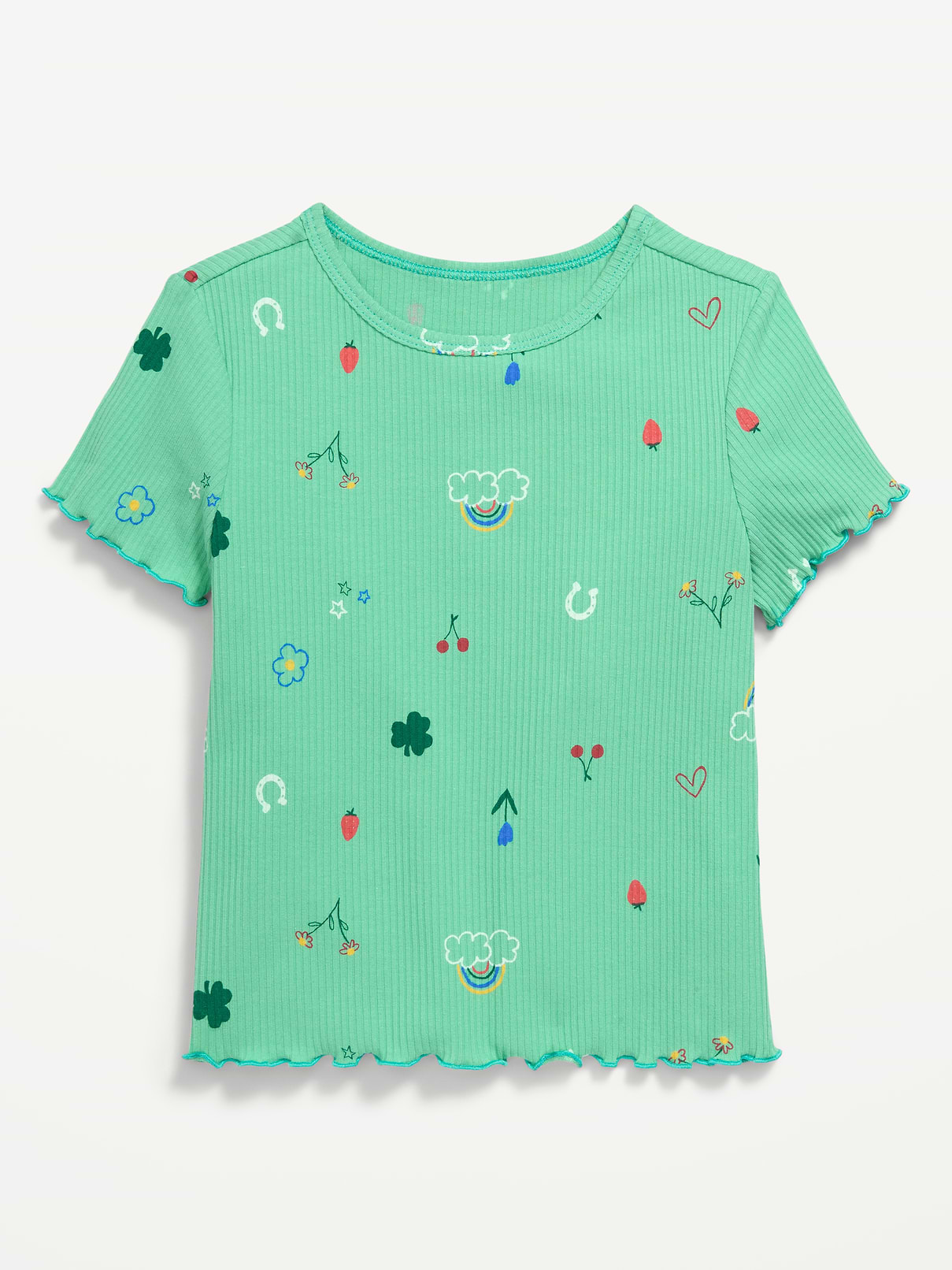 Image 1 of 1, crew neck, short sleeves, lettuce edge cuffs and hem, all-over print, Product #841726