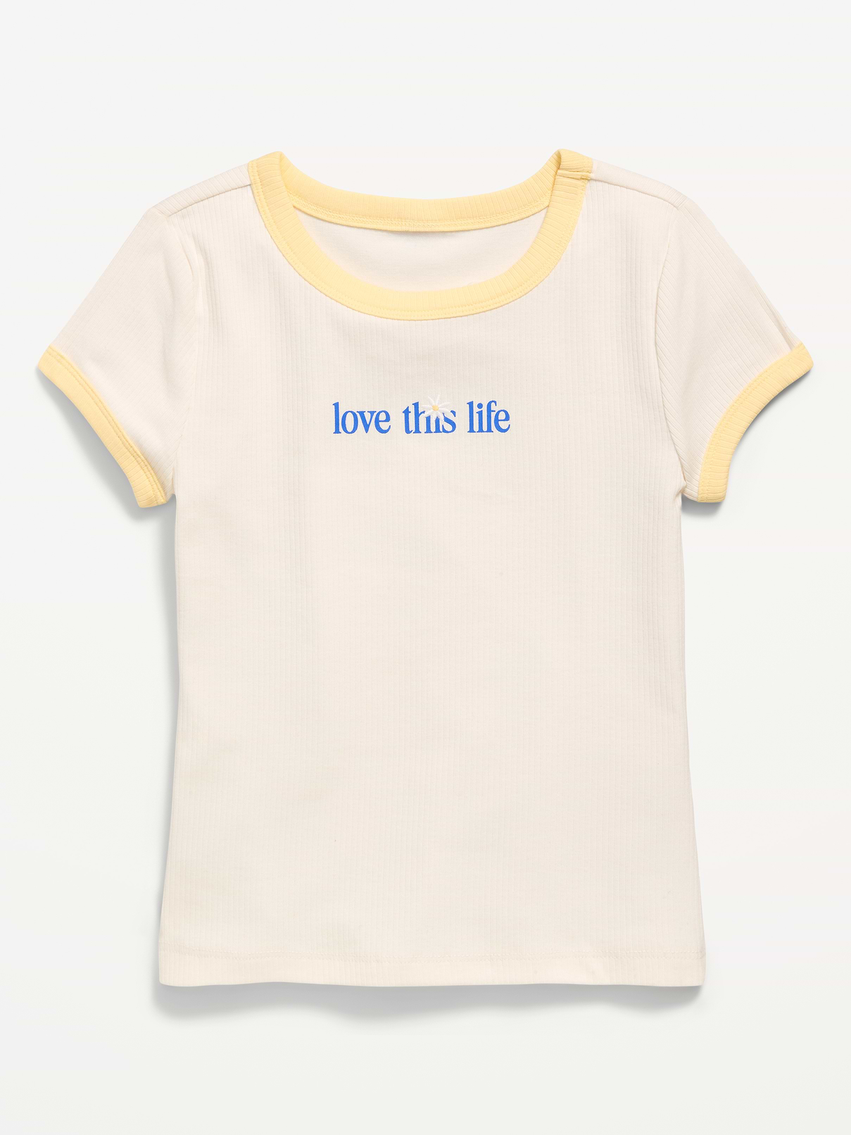 Image number 1 showing, Fitted Short-Sleeve Ribbed Graphic Ringer T-Shirt for Girls