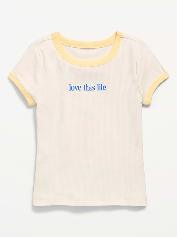 Fitted Short-Sleeve Ribbed Graphic Ringer T-Shirt for Girls