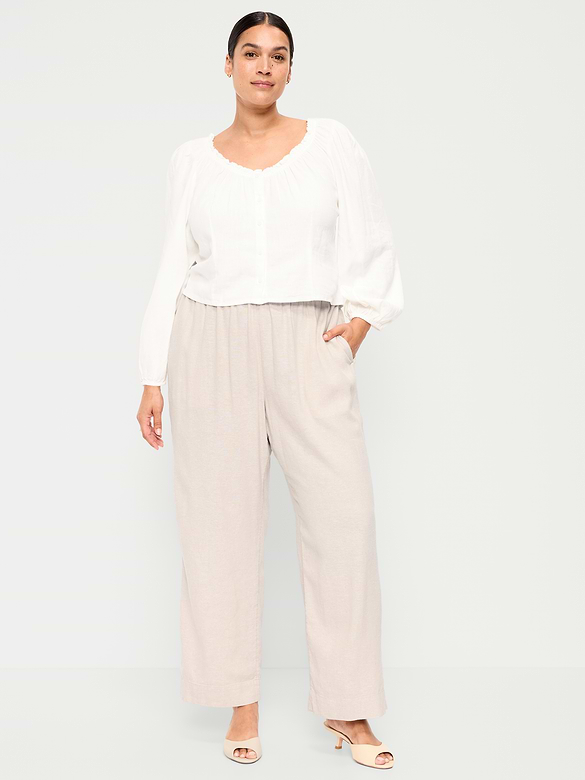 High-Waisted Linen-Blend Straight Ankle Pants