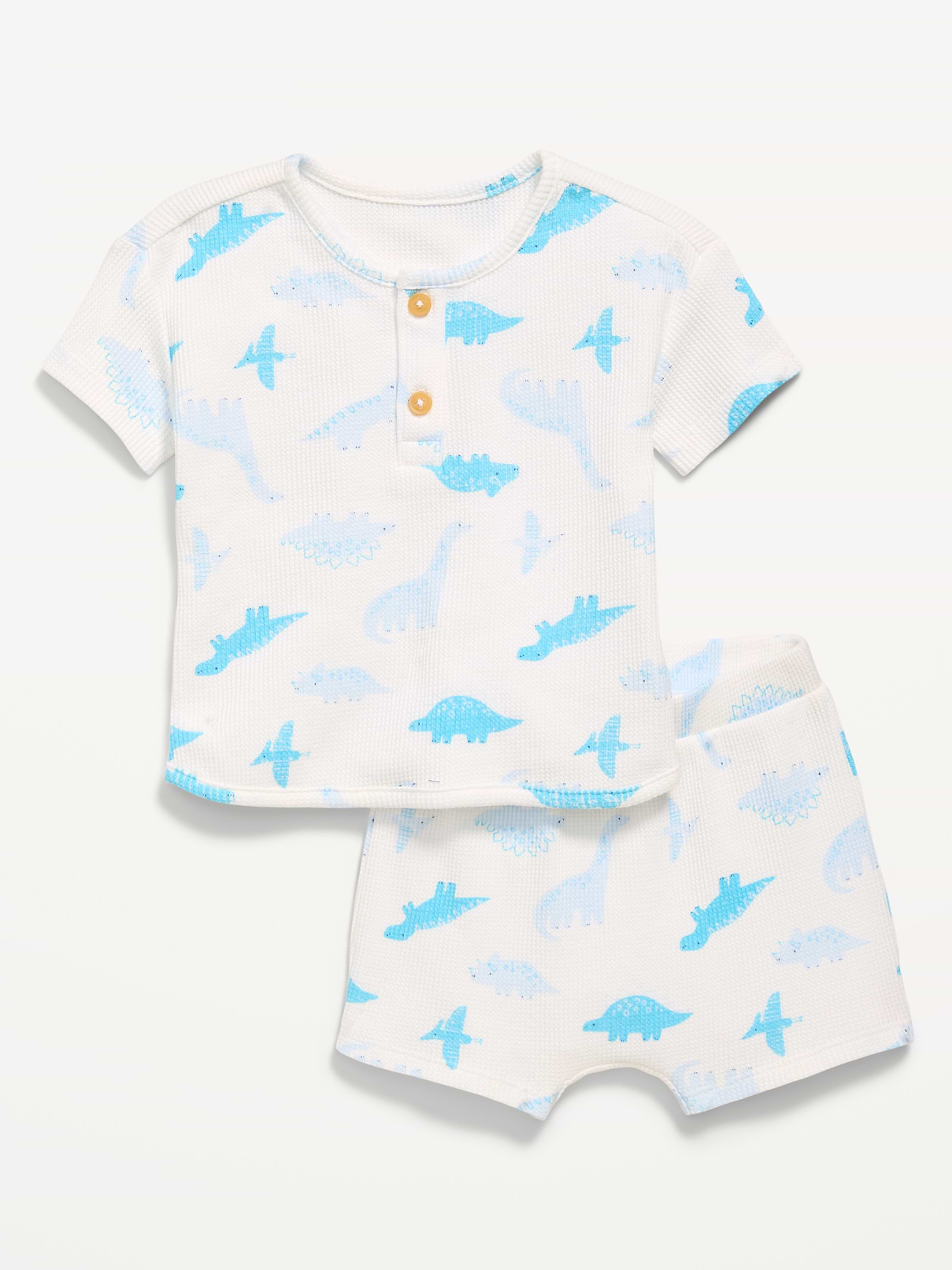 Image 1 of 2, round neckline, short sleeves, two-button henley, matching shorts, elasticized waistband, all-over print, Product #881512