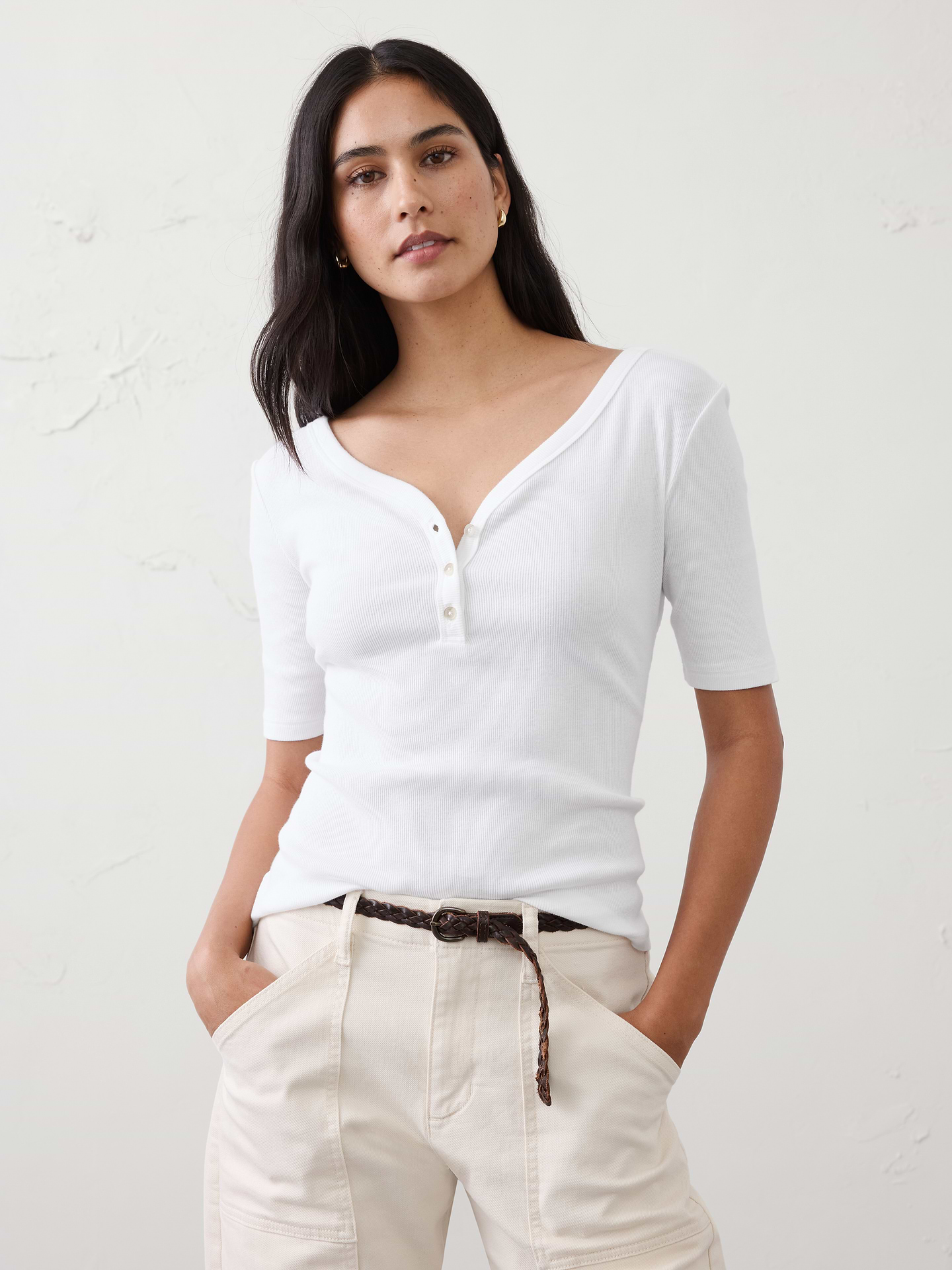 Image 1 of 1, Henley neckline. Elbow length sleeves., Fitted at the waist., Straight hem., Made exclusively for Banana Republic Factory., Product #872911