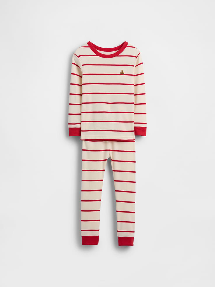 Image 1 of 2, Our comfiest PJs—now softer than ever. Cozy brushed cotton on the inside. All their favorite prints & colors on the outside., Soft cotton pajama top and pants set with a cozy brushed interior., Crewneck., Long sleeves., Embroidered Brannan Bear at chest., Elasticized waist at PJ pants., Banded cuffs., Allover stripes., Made with 100% organically grown cotton which is grown without the use of synthetic pesticides and fertilizers., Product #893912