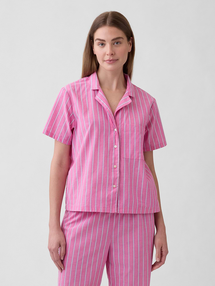 Image 1 of 4, Smooth poplin sleep shirt., Short sleeves., Lapel collar, button front., Patch pocket at chest., Select styles have allover print or stripes., Product #1172401