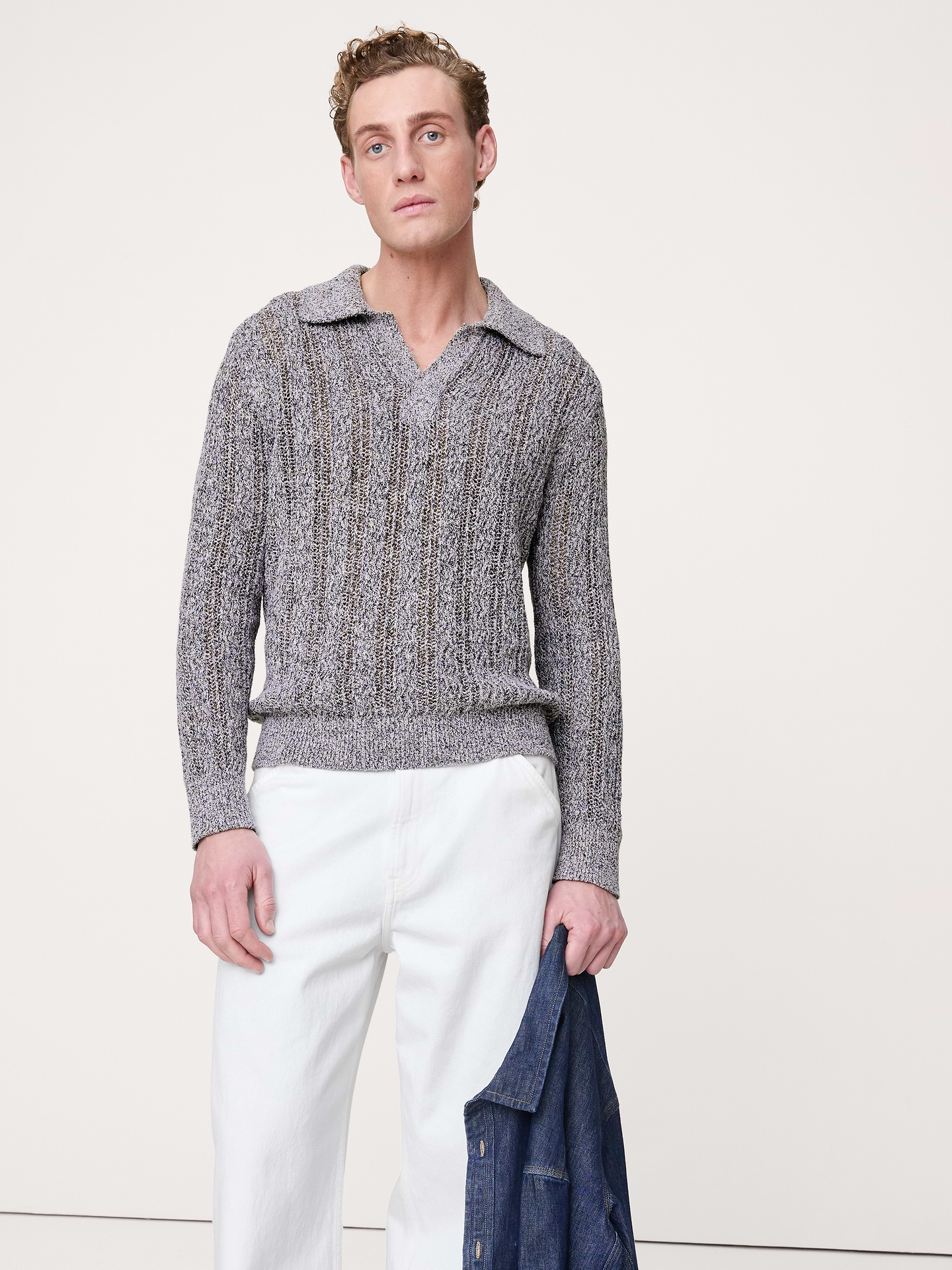 L'image numéro 1 présente Chandail à col polo en mélange de coton à point zigzag