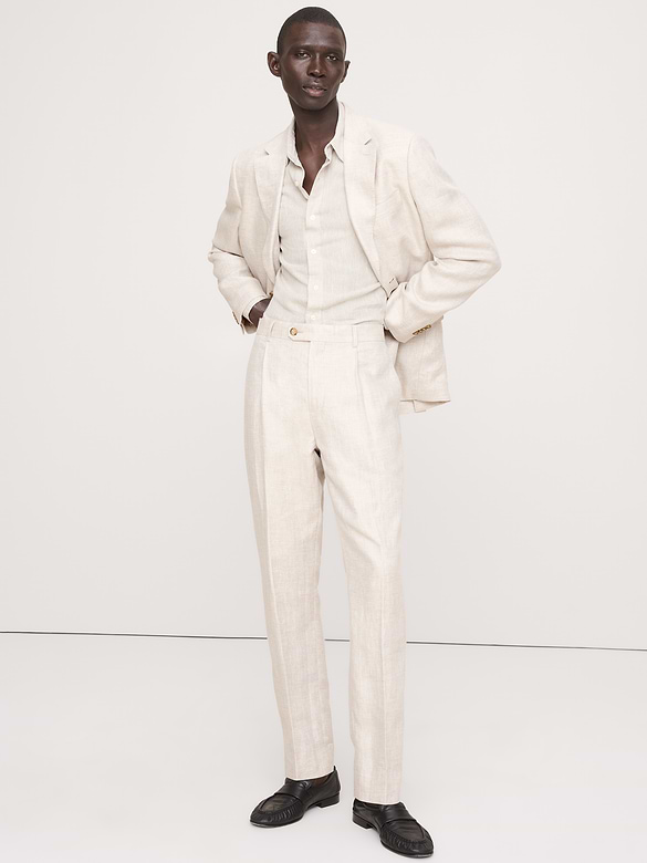 Pantalon de complet en lin à motif de chevrons, coupe étroite cintrée
