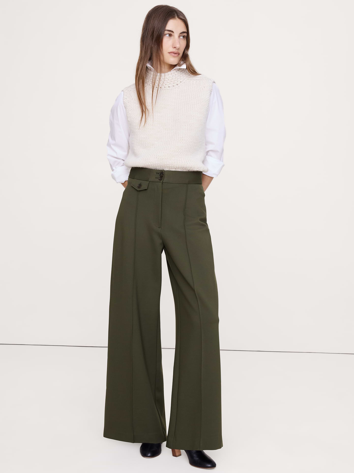 Image number 1 showing, High Rise Wide-Leg Drapey Ponte Pant