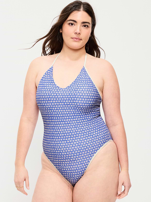 Pique V-Neck Halter Swimsuit