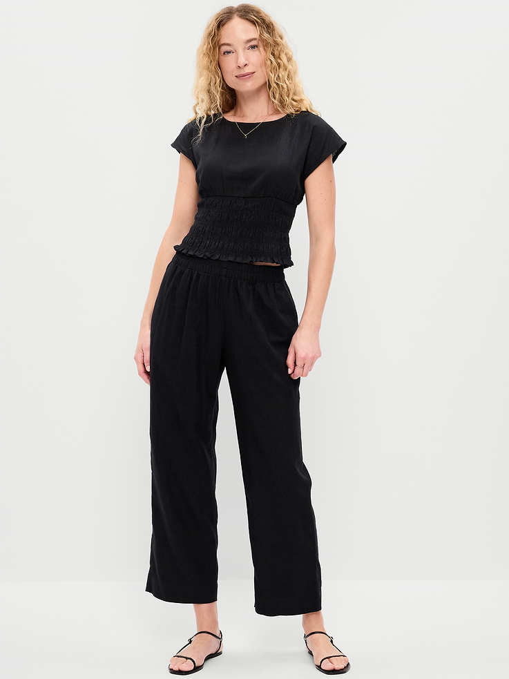 Image number 1 showing, High-Waisted Linen-Blend Straight Ankle Pants