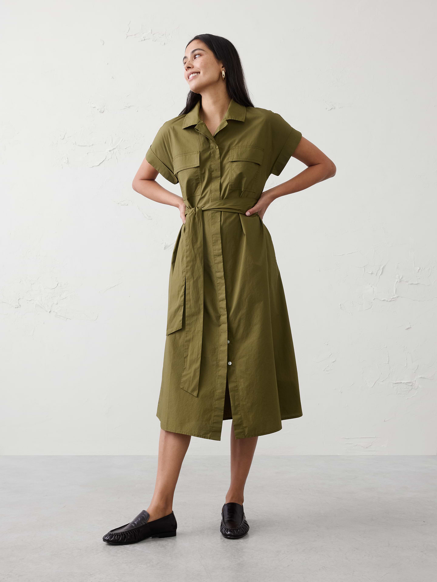 Image number 1 showing, Poplin Utility Midi Shirtdress