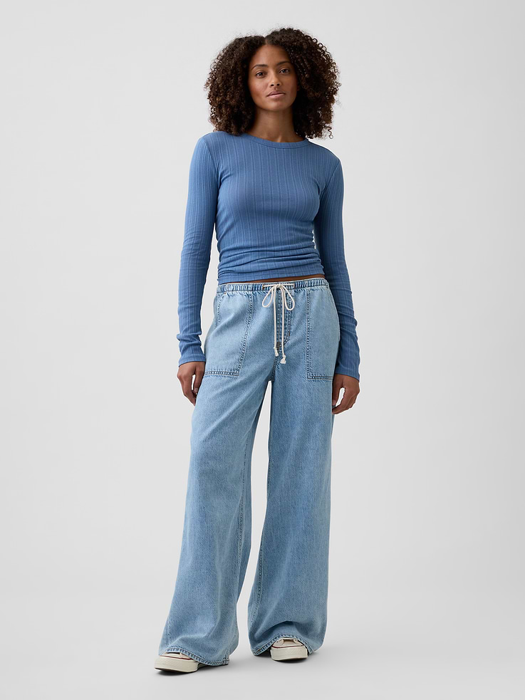 Image number 1 showing, Mid Rise SuperLight Pull-On Wide-Leg Jeans