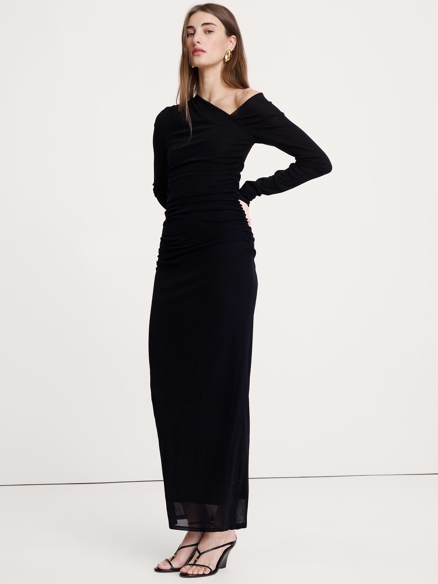Image number 1 showing, Mesh Asymmetric Ruched Maxi Dress