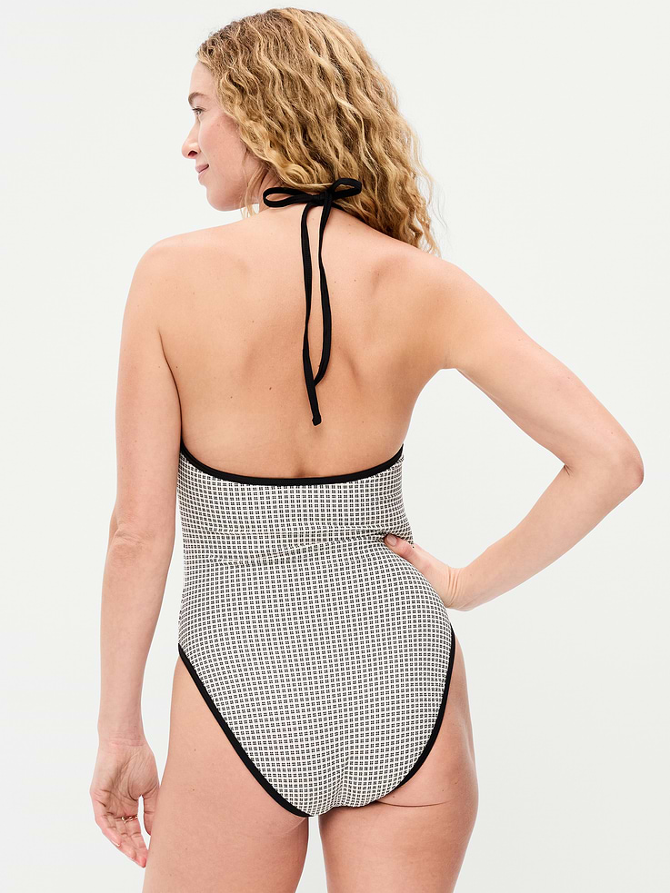 Image number 1 showing, Pique V-Neck Halter Swimsuit