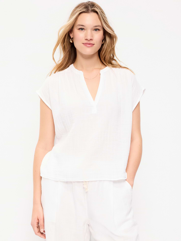 Image number 4 showing, Short-Sleeve Crinkle Gauze Popover Top