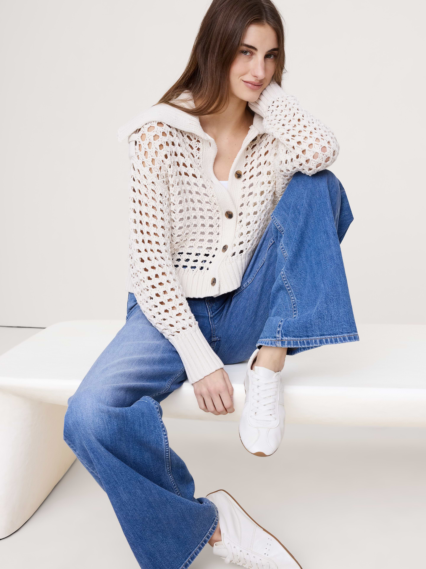 Image number 1 showing, Cotton Open-Stitch Cardigan