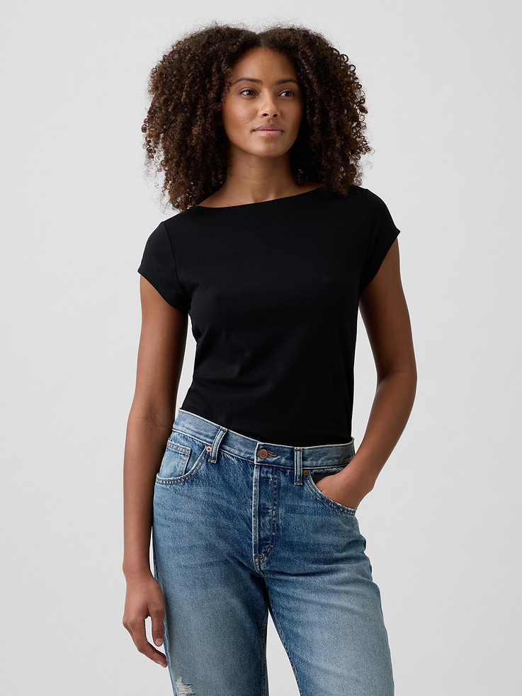 Image 1 of 5, Stretch jersey knit., Cap sleeves., Boatneck., This product was made in a factory that invests in gender equity and women’s empowerment through RISE. Learn more at, Product #1172513
