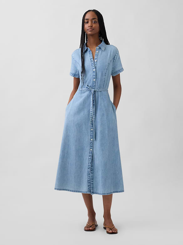 Denim Tie-Waist Midi Shirtdress