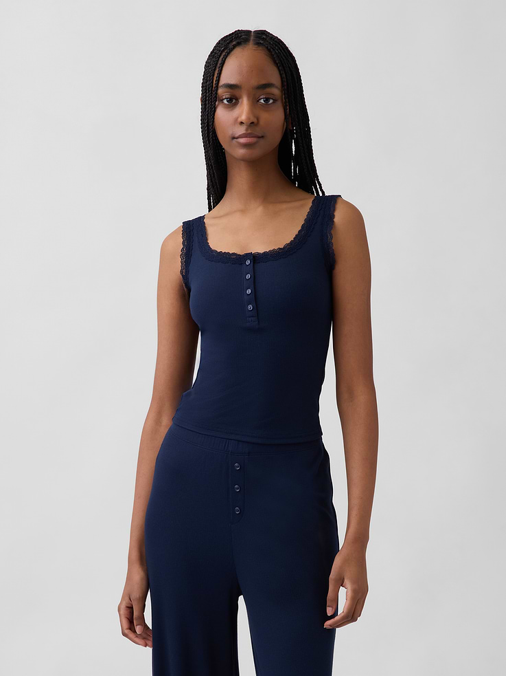 Image number 1 showing, Mini Rib Lace Henley PJ Tank Top