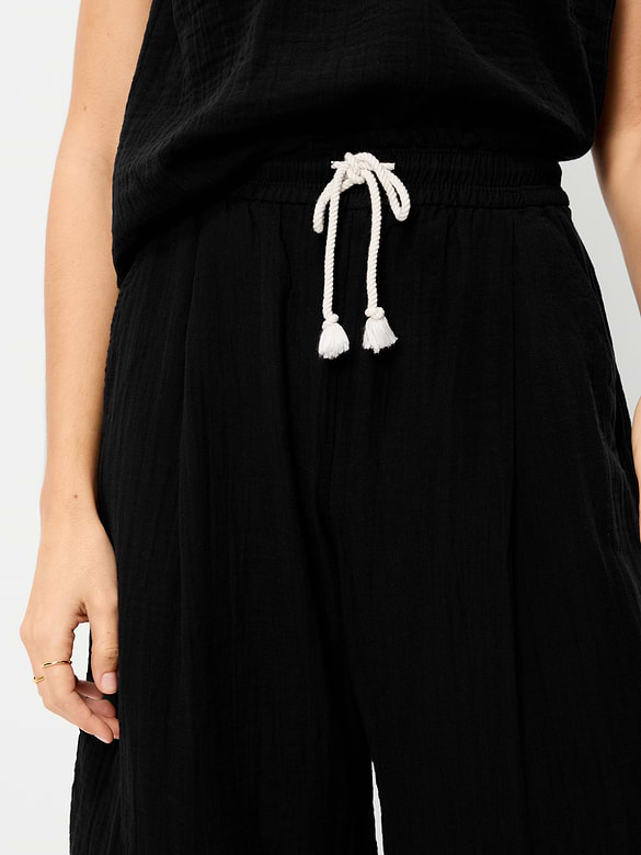 High-Waisted Crinkle Gauze Barrel Ankle Pants