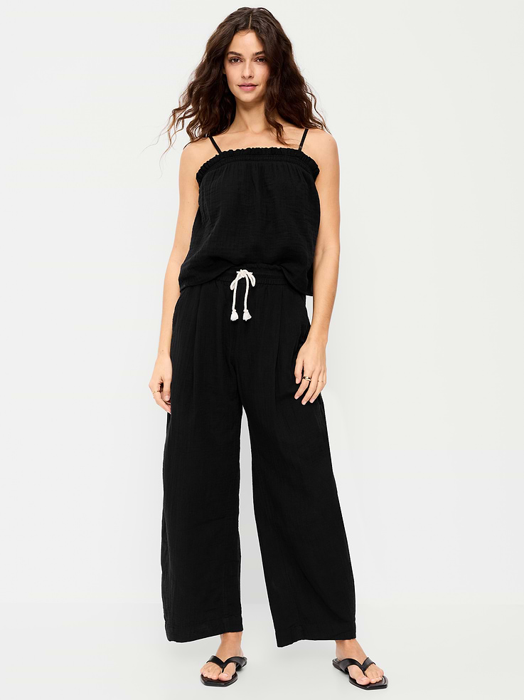 Image number 1 showing, High-Waisted Crinkle Gauze Barrel Ankle Pants