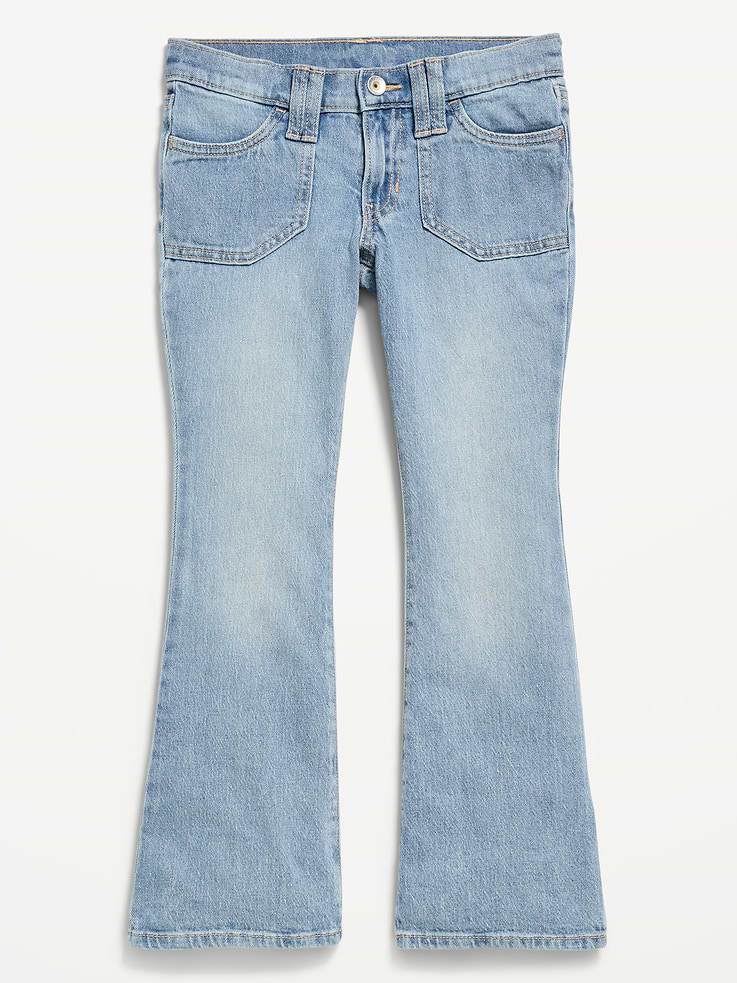 Image 1 of 3, low rise, interior adjustable waistband, sizes 5-8 snap-button closure, sizes 10-20 regular button closure, zip fly, utility scoop pockets at front, utility buttoned back pockets, flare leg, Product #886297