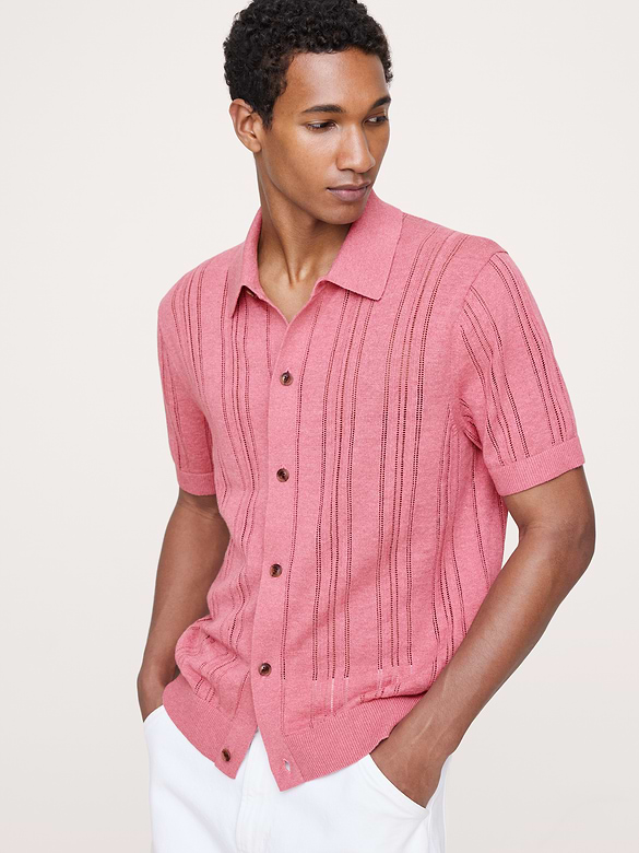 Cardigan à col polo en pointelle de lin et coton