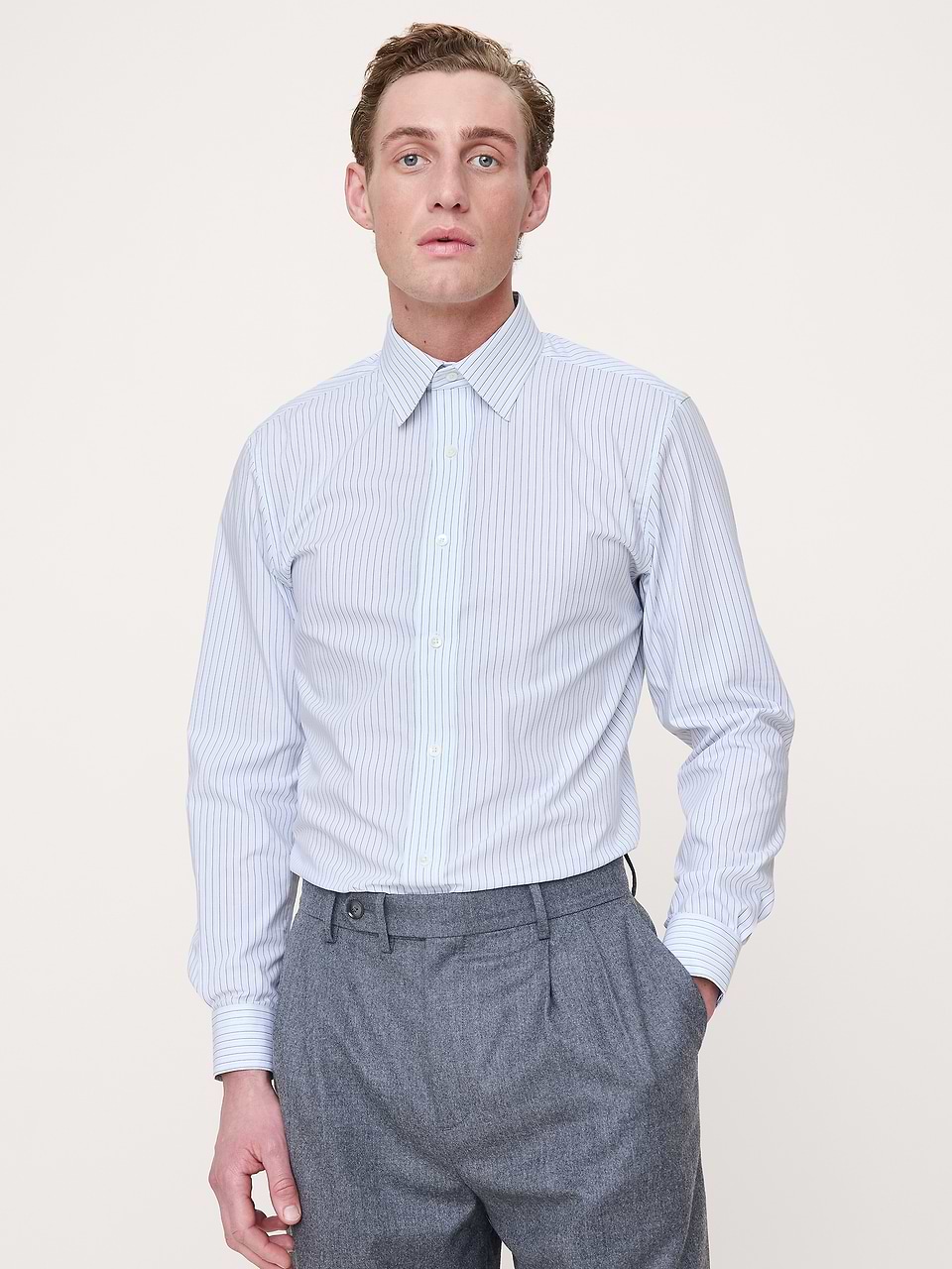 Banana Republic Men's Standard-Fit Wrinkle-Resistant Dress Shirt Blue & White Stripe Tall Size L
