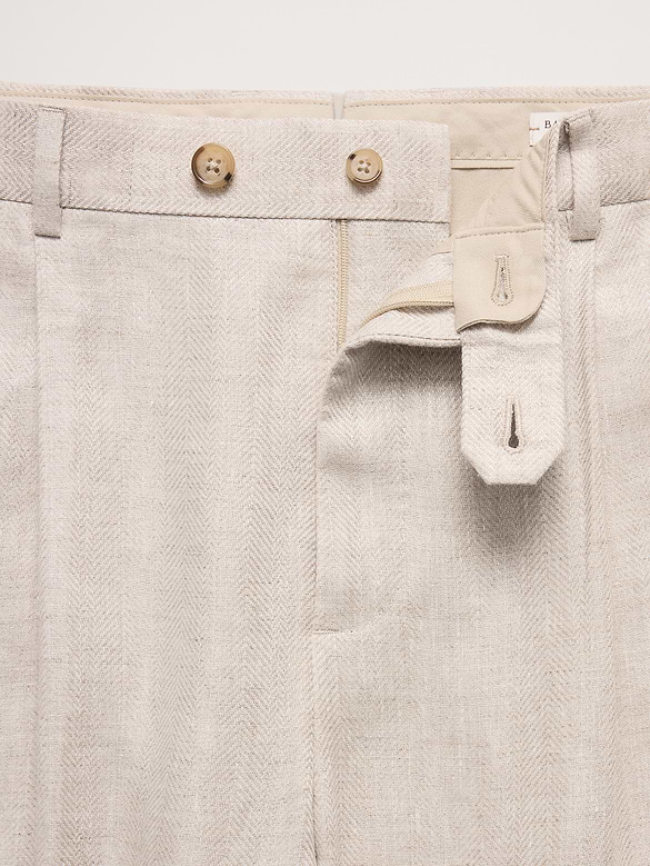 Pantalon de complet en lin à motif de chevrons, coupe étroite cintrée