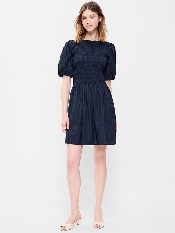 Smocked Puff-Sleeve Flare Mini Dress
